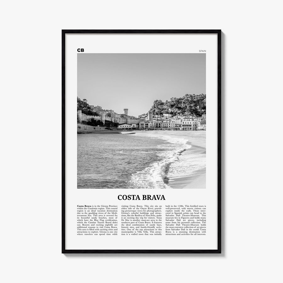 Costa Brava black & white newspaper poster of Spain – vertical wall art, unframed print shown in interior mockup