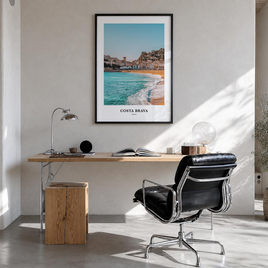 Costa Brava no. 1 colorful classic poster of Spain – vertical wall art in black wood frame, hanging on wall