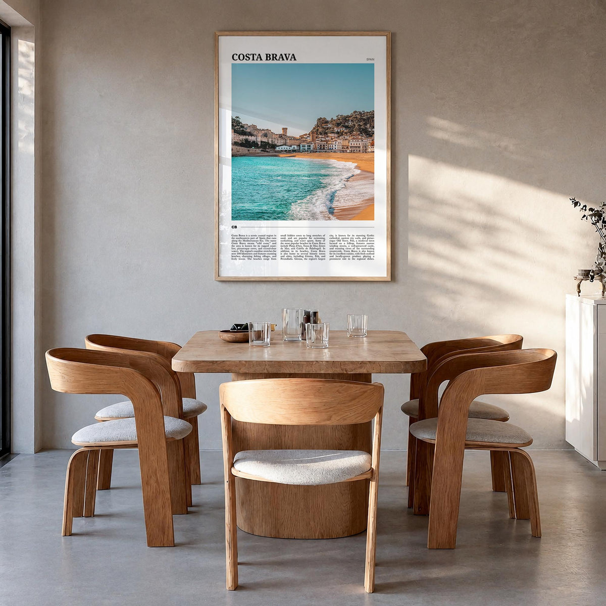 Costa Brava no. 1 colorful travel poster of Spain – vertical wall art in natural wood frame, hanging on wall