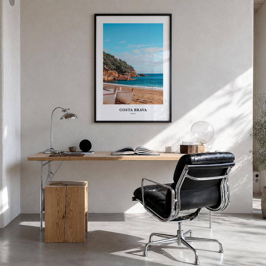 Costa Brava no. 2 colorful classic poster of Spain – vertical wall art in black wood frame, hanging on wall