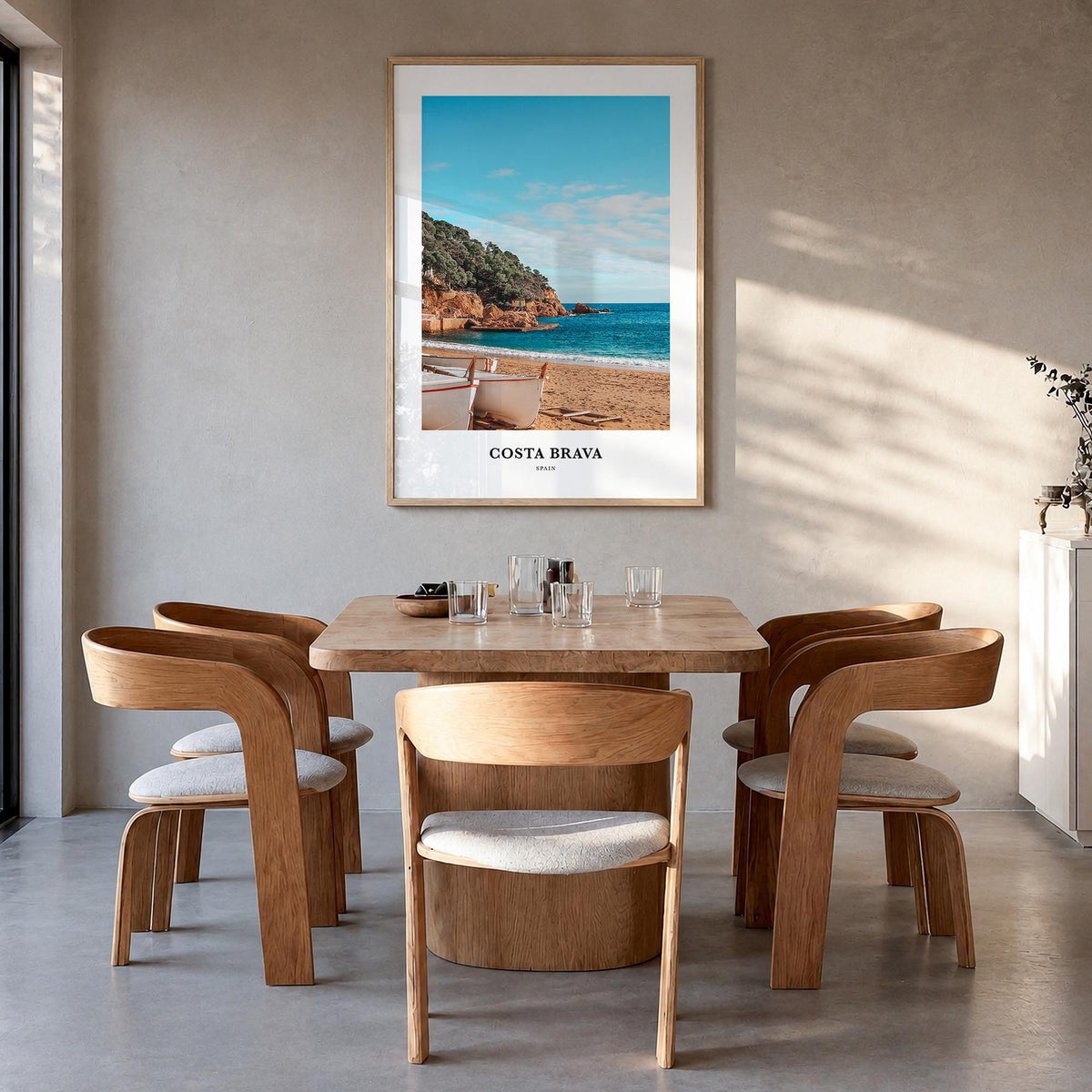 Costa Brava no. 2 colorful classic poster of Spain – vertical wall art in natural wood frame, hanging on wall