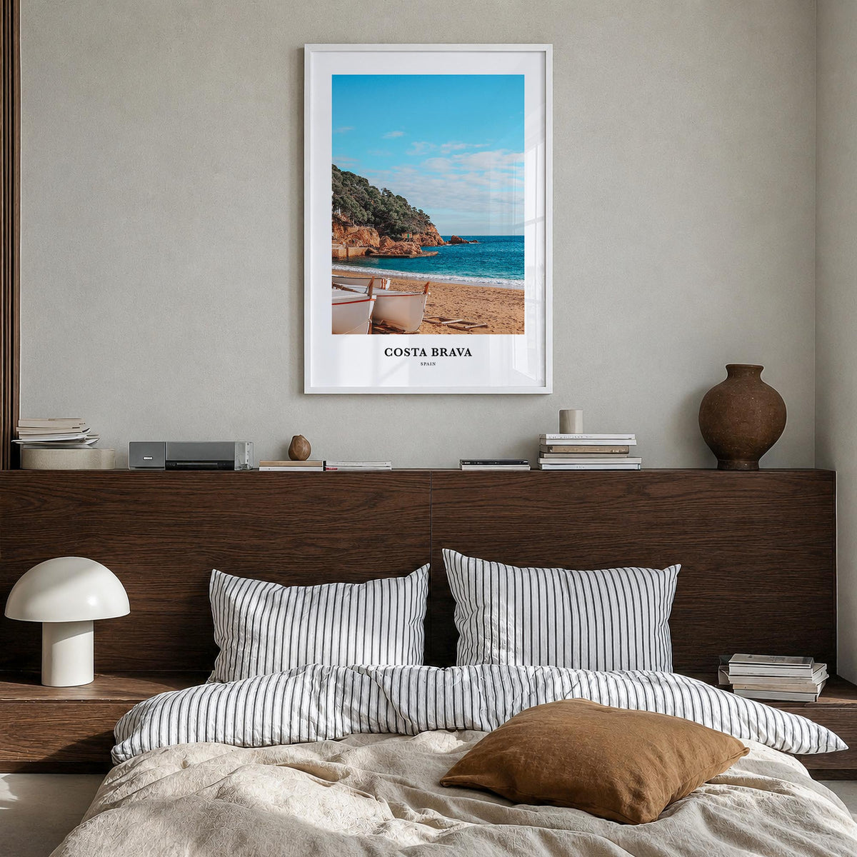 Costa Brava no. 2 colorful classic poster of Spain – vertical wall art in white wood frame, hanging on wall