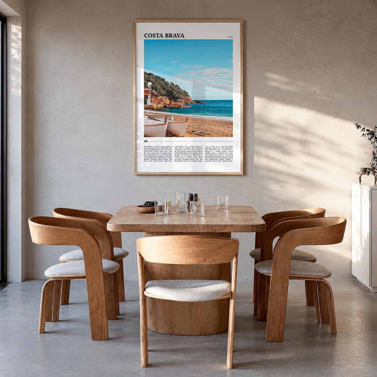 Costa Brava no. 2 colorful travel poster of Spain – vertical wall art in natural wood frame, hanging on wall
