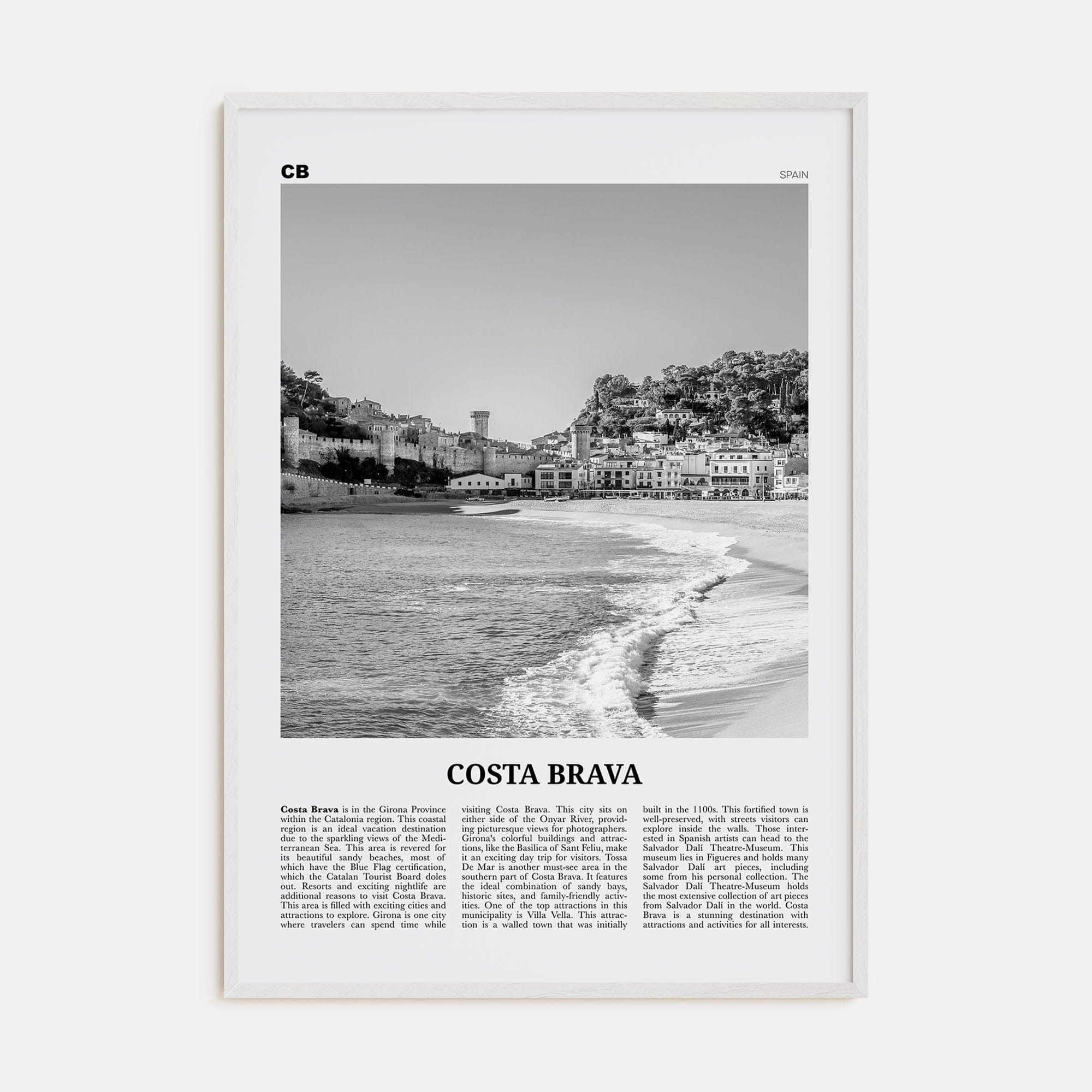 Costa Brava Poster White Wood / 8x12 in Nbourhood Travel B&W Poster