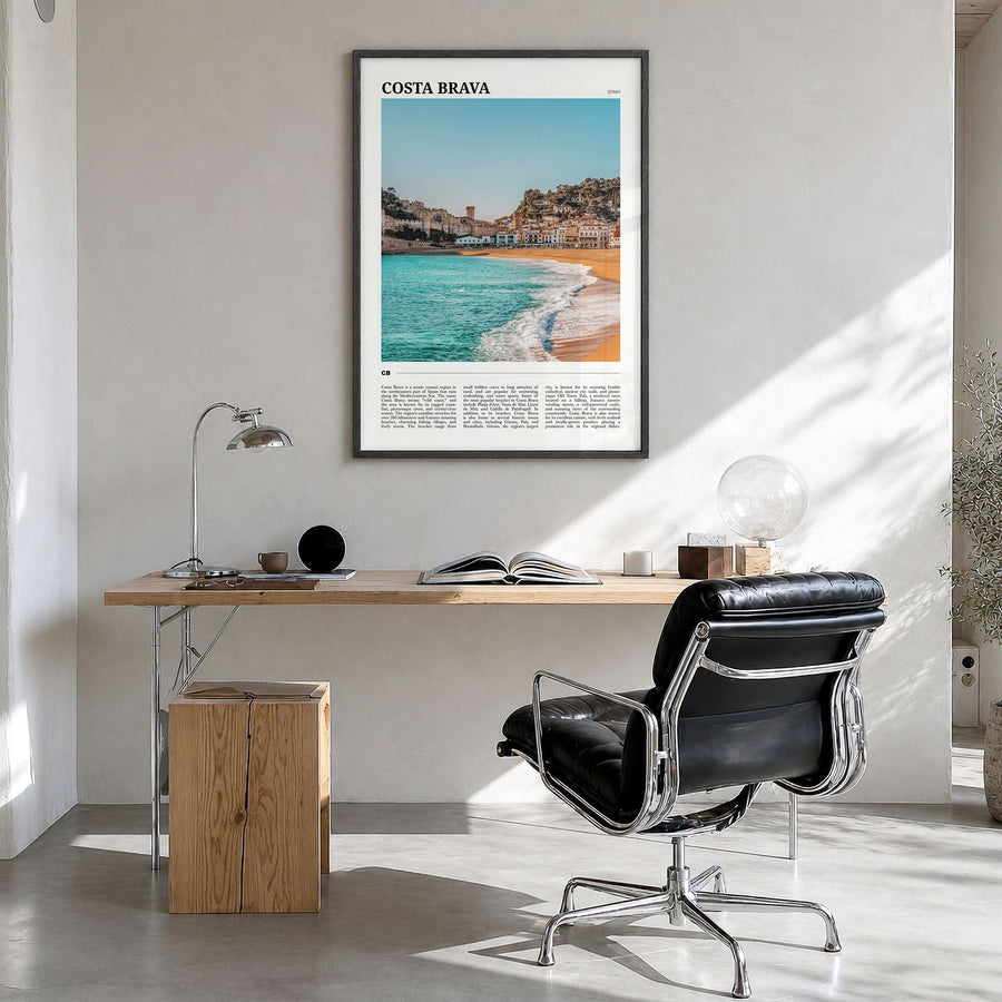 Costa Brava Travel No 1 Poster in a black wood frame, hanging in a bright home office