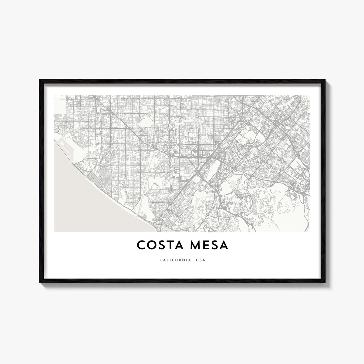 Costa Mesa black & white map poster of California, USA – horizontal wall art, unframed print shown in interior mockup