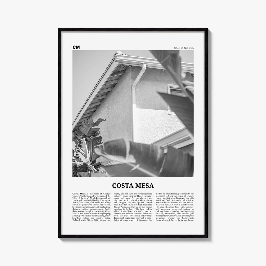 Costa Mesa black & white newspaper poster of California, USA – vertical wall art, unframed print shown in interior mockup