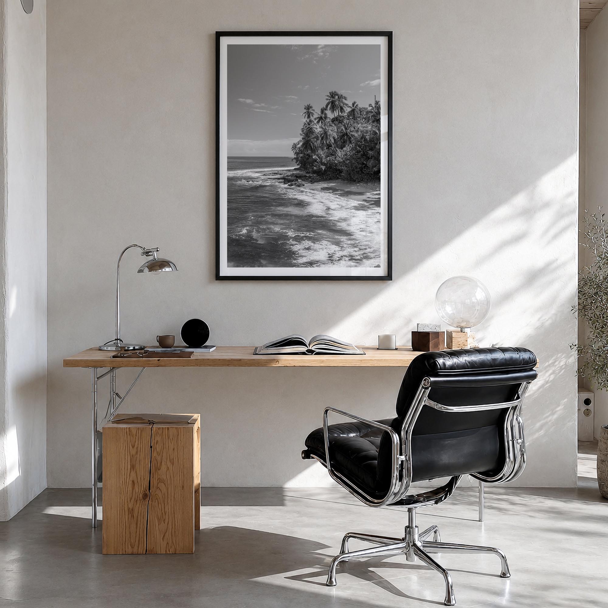Costa Rica black & white photo poster of Central America – vertical wall art in black wood frame with white border, hanging o