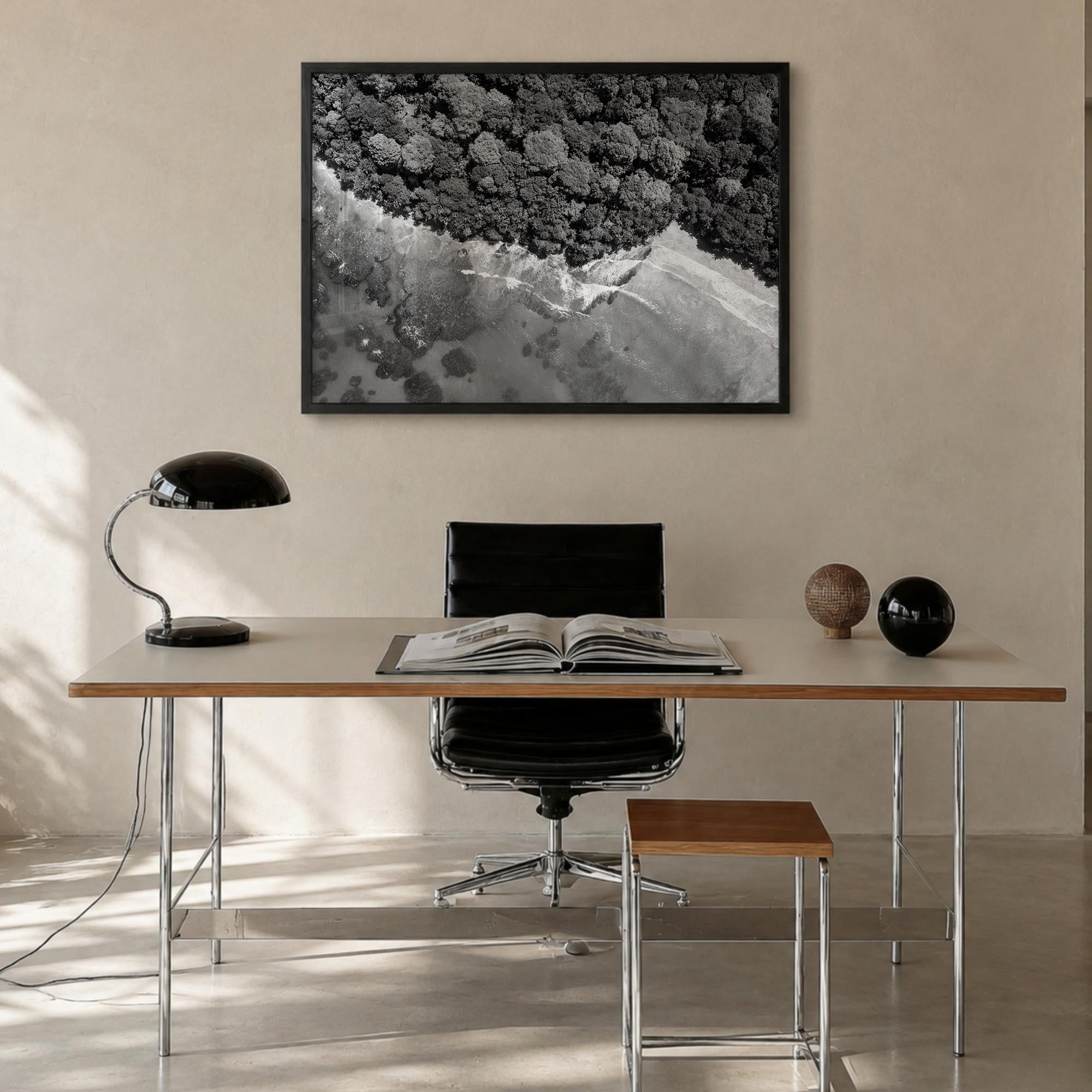 Costa Rica black & white photo poster of Central America – horizontal wall art in black wood frame, hanging on wall