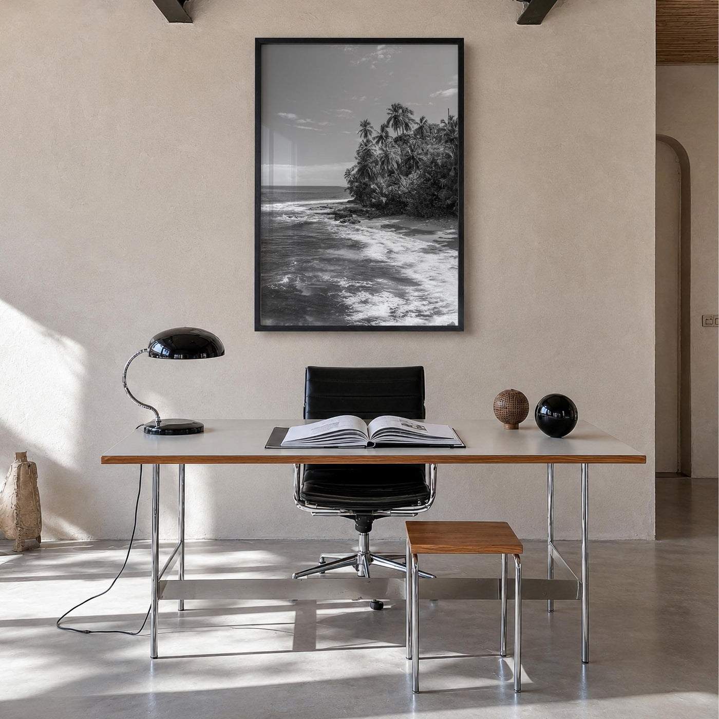 Costa Rica black & white photo poster of Central America – vertical wall art in black wood frame, hanging on wall