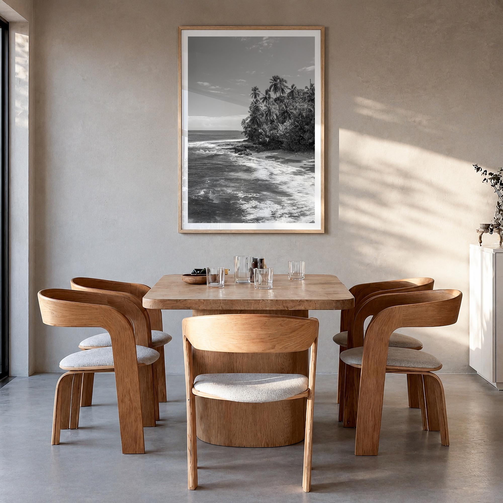 Costa Rica black & white photo poster of Central America – vertical wall art in natural wood frame with white border, hanging