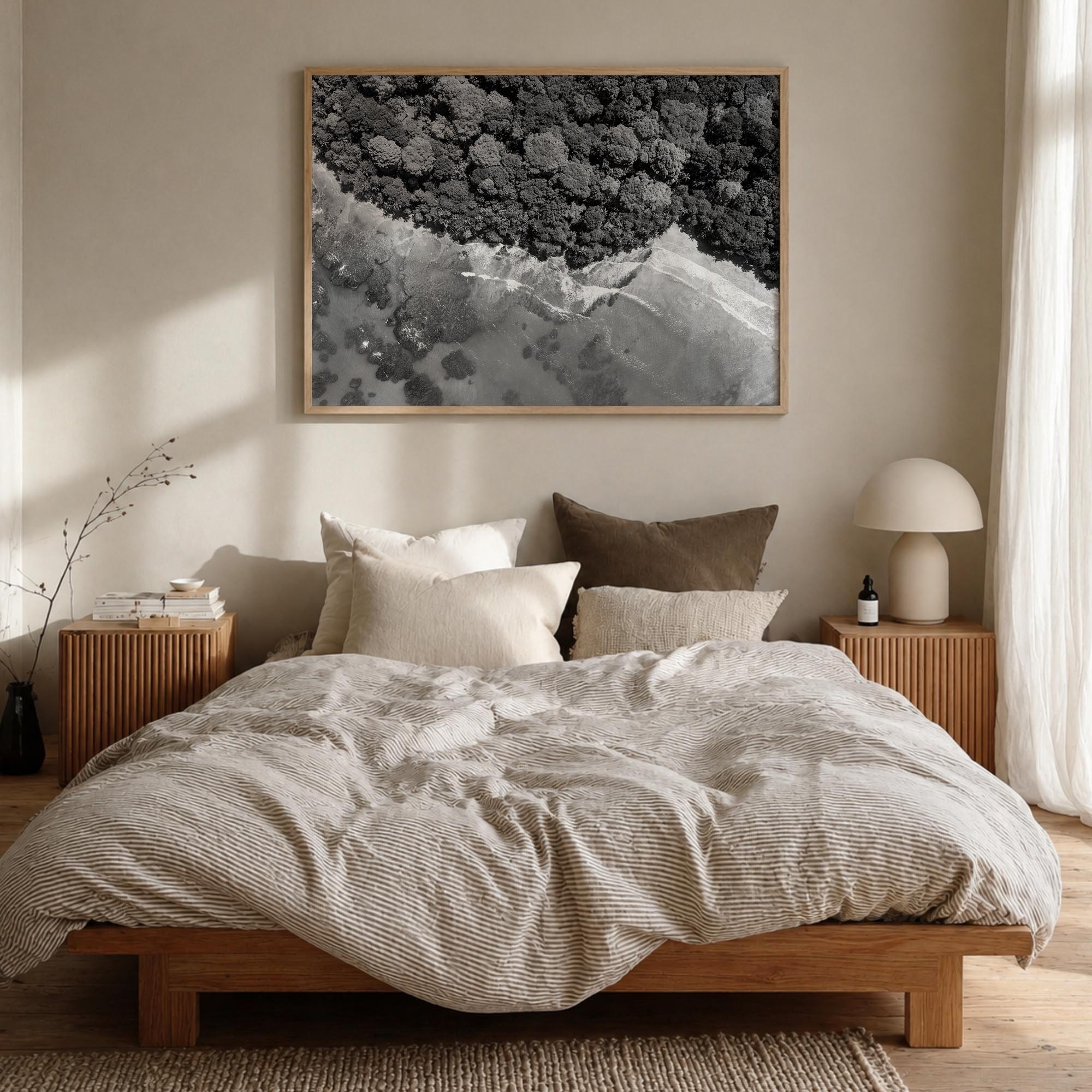 Costa Rica black & white photo poster of Central America – horizontal wall art in natural wood frame, hanging on wall