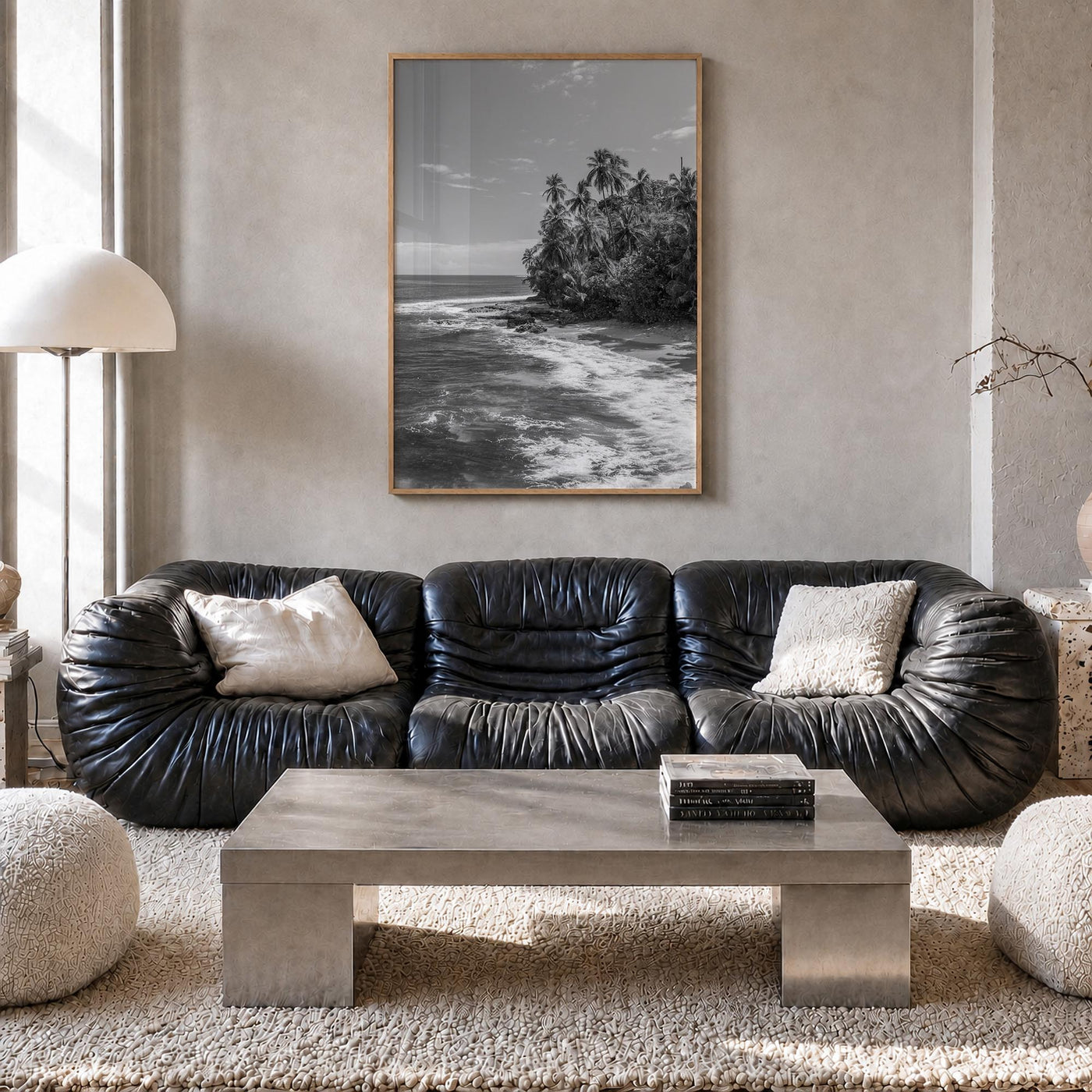 Costa Rica black & white photo poster of Central America – vertical wall art in natural wood frame, hanging on wall