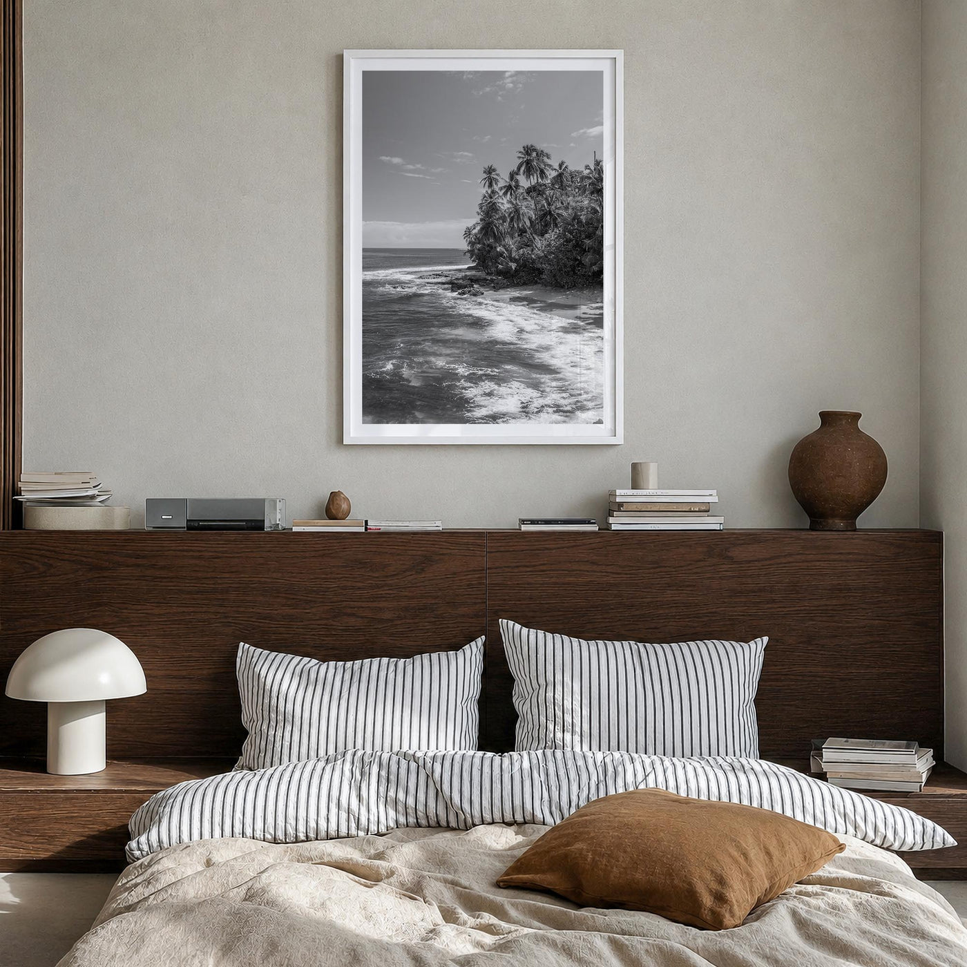 Costa Rica black & white photo poster of Central America – vertical wall art in white wood frame with white border, hanging o
