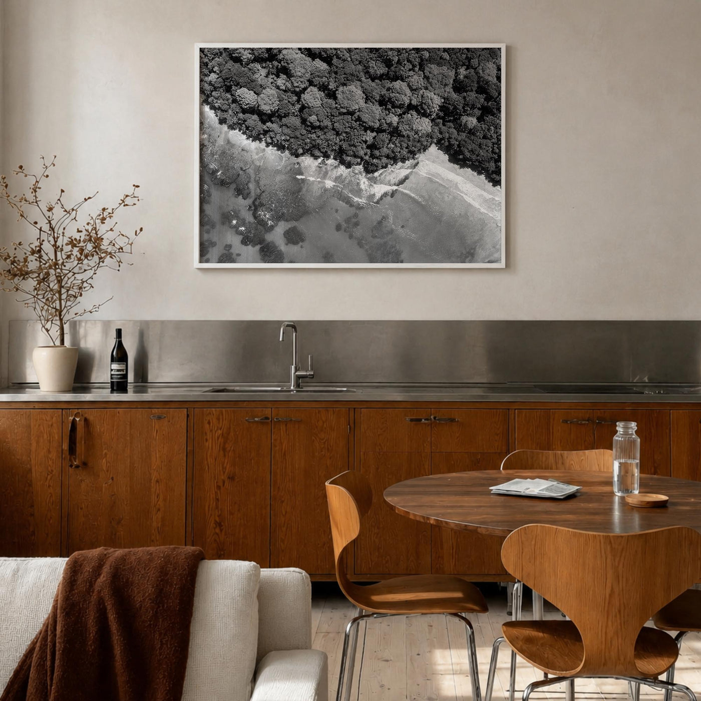 Costa Rica black & white photo poster of Central America – horizontal wall art in white wood frame, hanging on wall