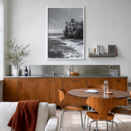 Costa Rica black & white photo poster of Central America – vertical wall art in white wood frame, hanging on wall