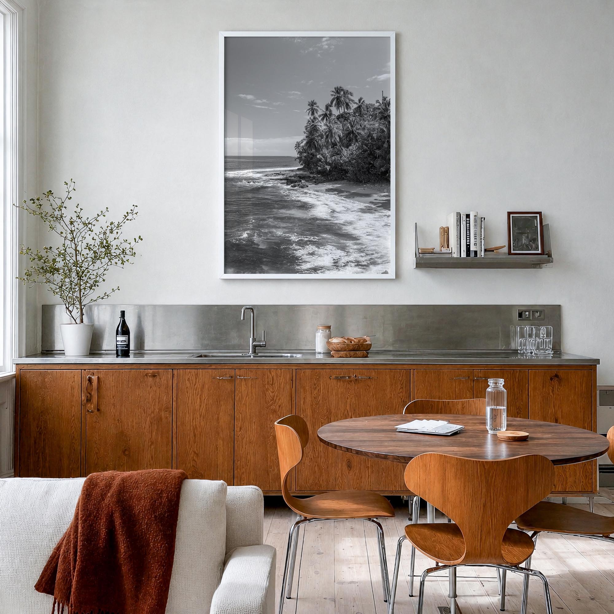 Costa Rica black & white photo poster of Central America – vertical wall art in white wood frame, hanging on wall