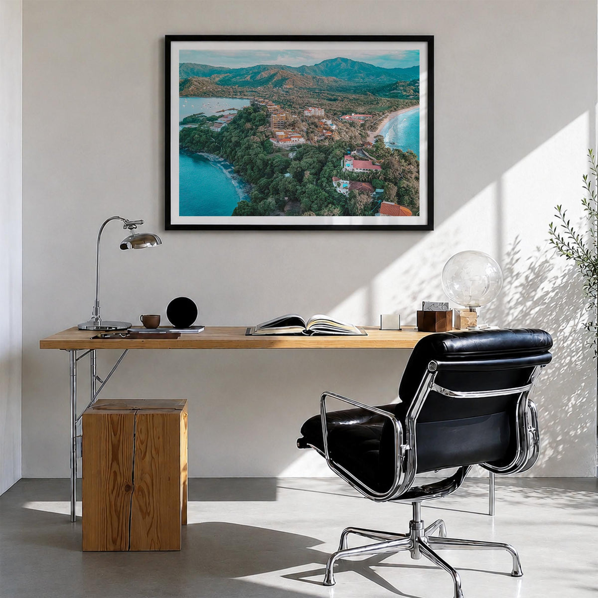 Costa Rica colorful photo poster of Central America – horizontal wall art in black wood frame with white border, hanging on w