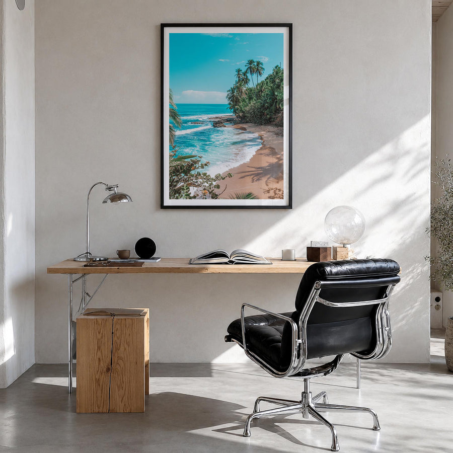 Costa Rica colorful photo poster of Central America – vertical wall art in black wood frame with white border, hanging on wal