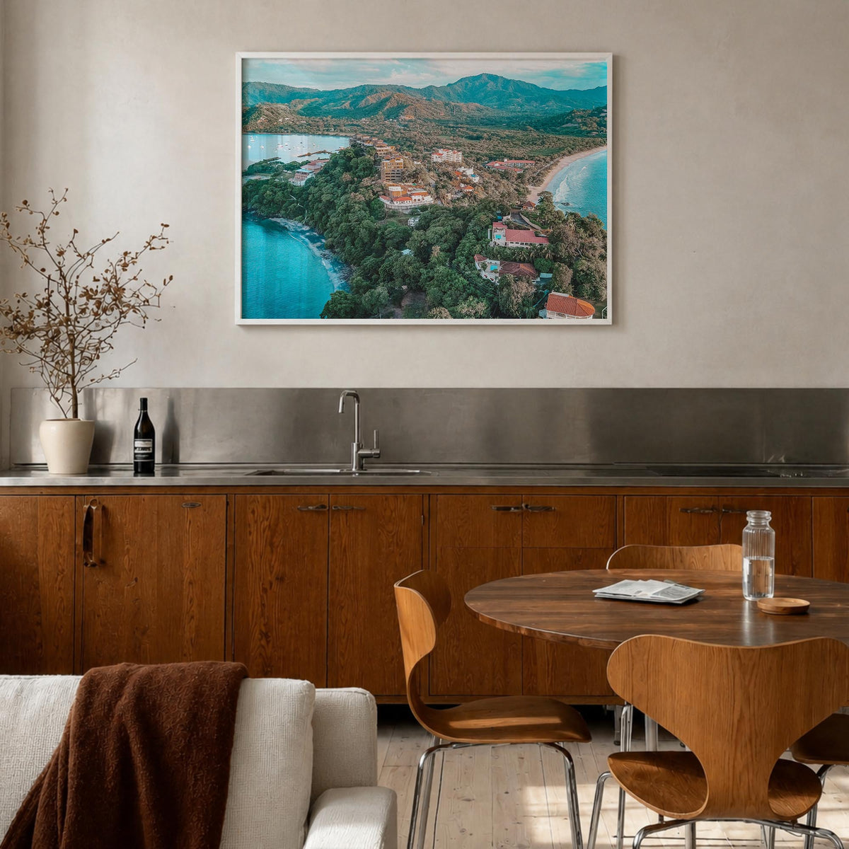 Costa Rica colorful photo poster of Central America – horizontal wall art in white wood frame, hanging on wall