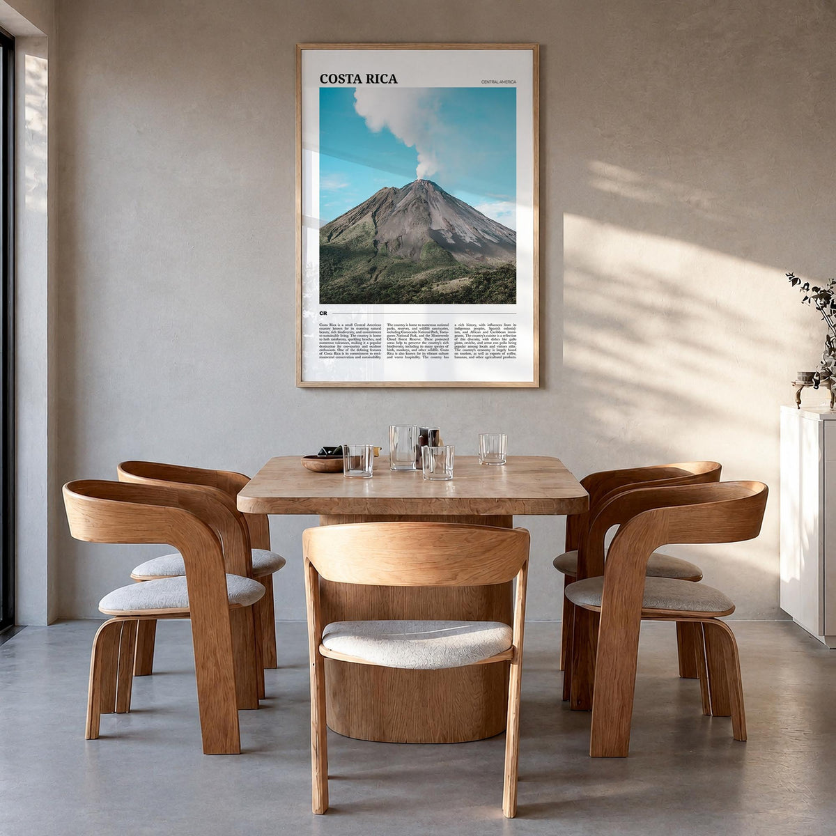 Costa Rica colorful travel poster of Central America – vertical wall art in natural wood frame, hanging on wall