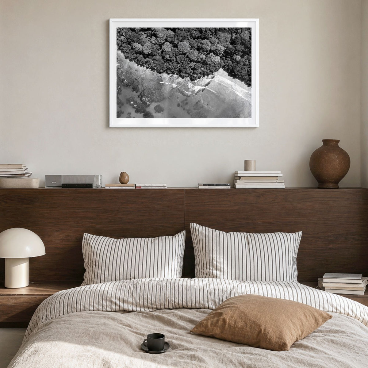 Costa Rica Photo Poster in a white wood frame, hanging in a bedroom, white border