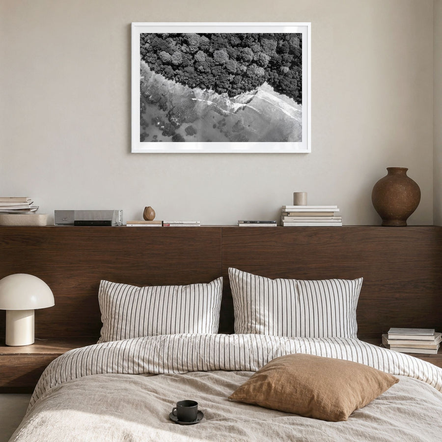 Costa Rica Photo Poster in a white wood frame, hanging in a bedroom, white border
