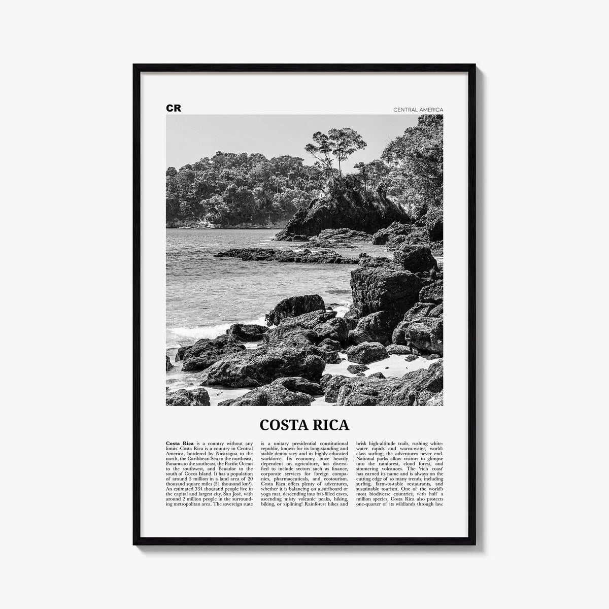 Costa Rica no. 1 black & white newspaper poster of Central America – vertical wall art, unframed print shown in interior mock