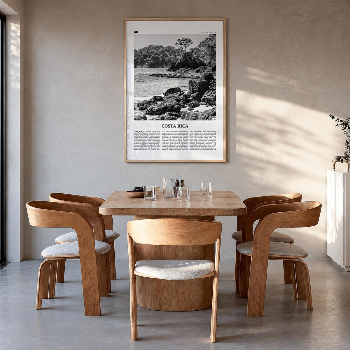 Costa Rica no. 1 black & white newspaper poster of Central America – vertical wall art in natural wood frame, hanging on wall