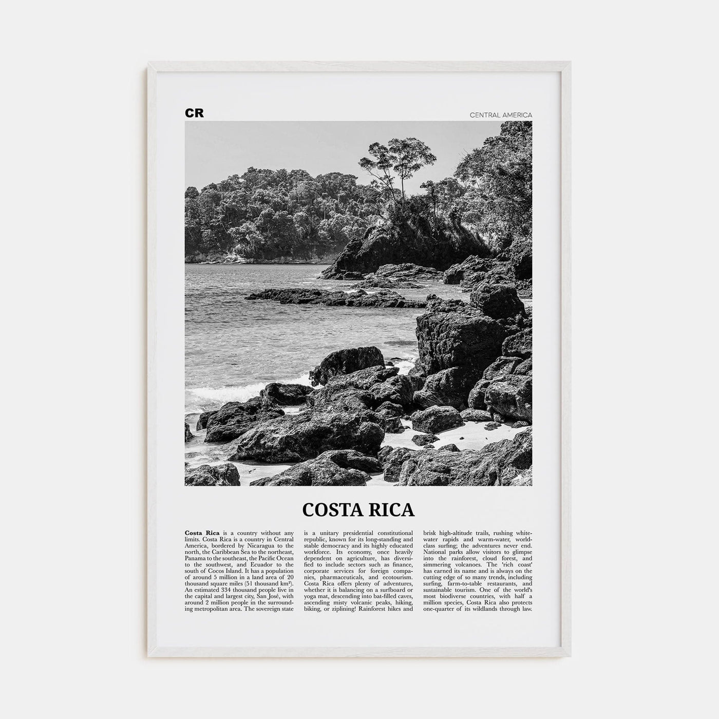 Costa Rica No 1 Poster White Wood / 8x12 in Nbourhood Travel B&W Poster