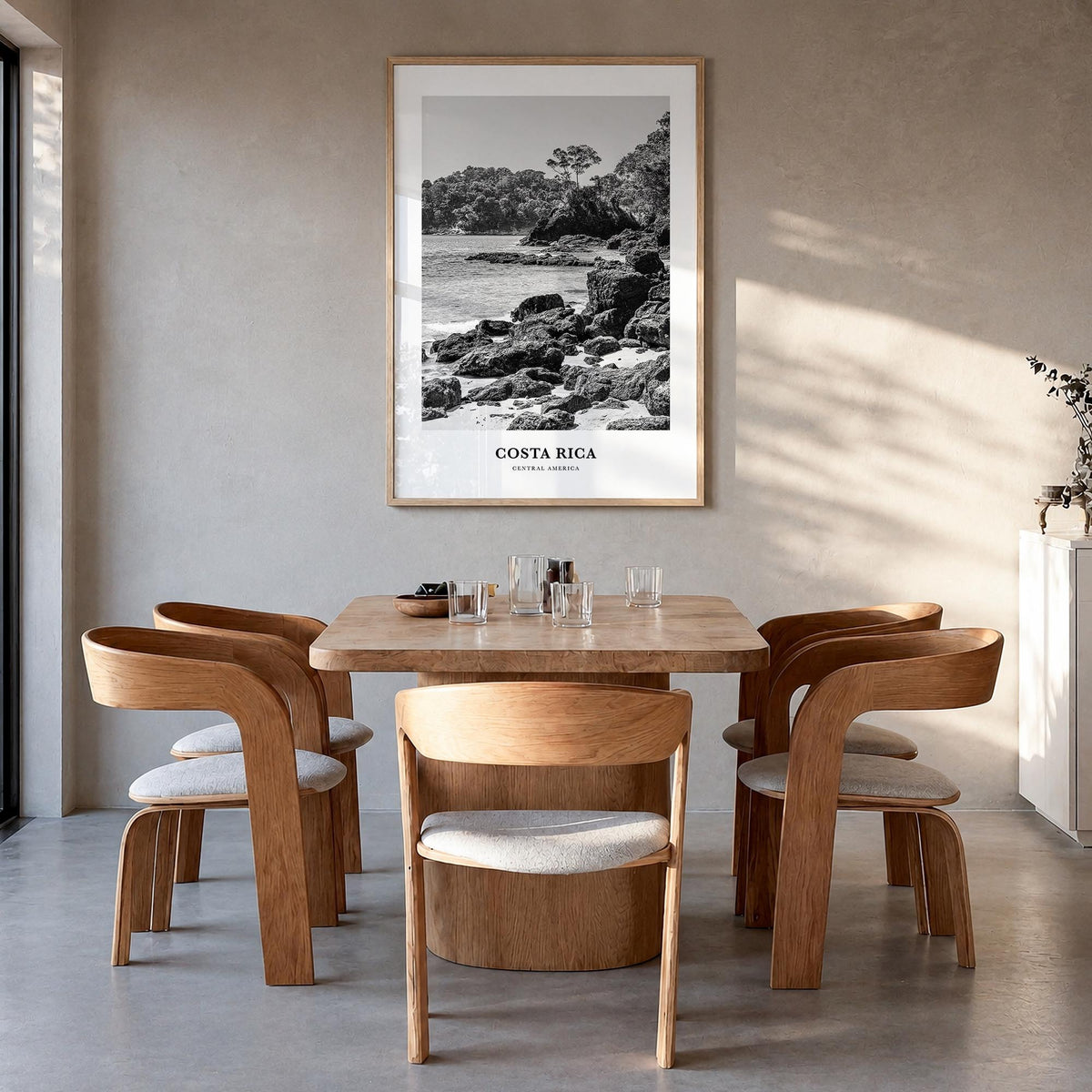 Costa Rica no. 2 black & white classic poster of Central America – vertical wall art in natural wood frame, hanging on wall