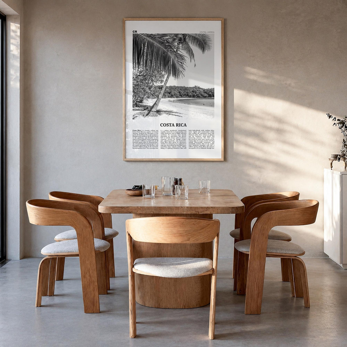 Costa Rica no. 2 black & white newspaper poster of Central America – vertical wall art in natural wood frame, hanging on wall