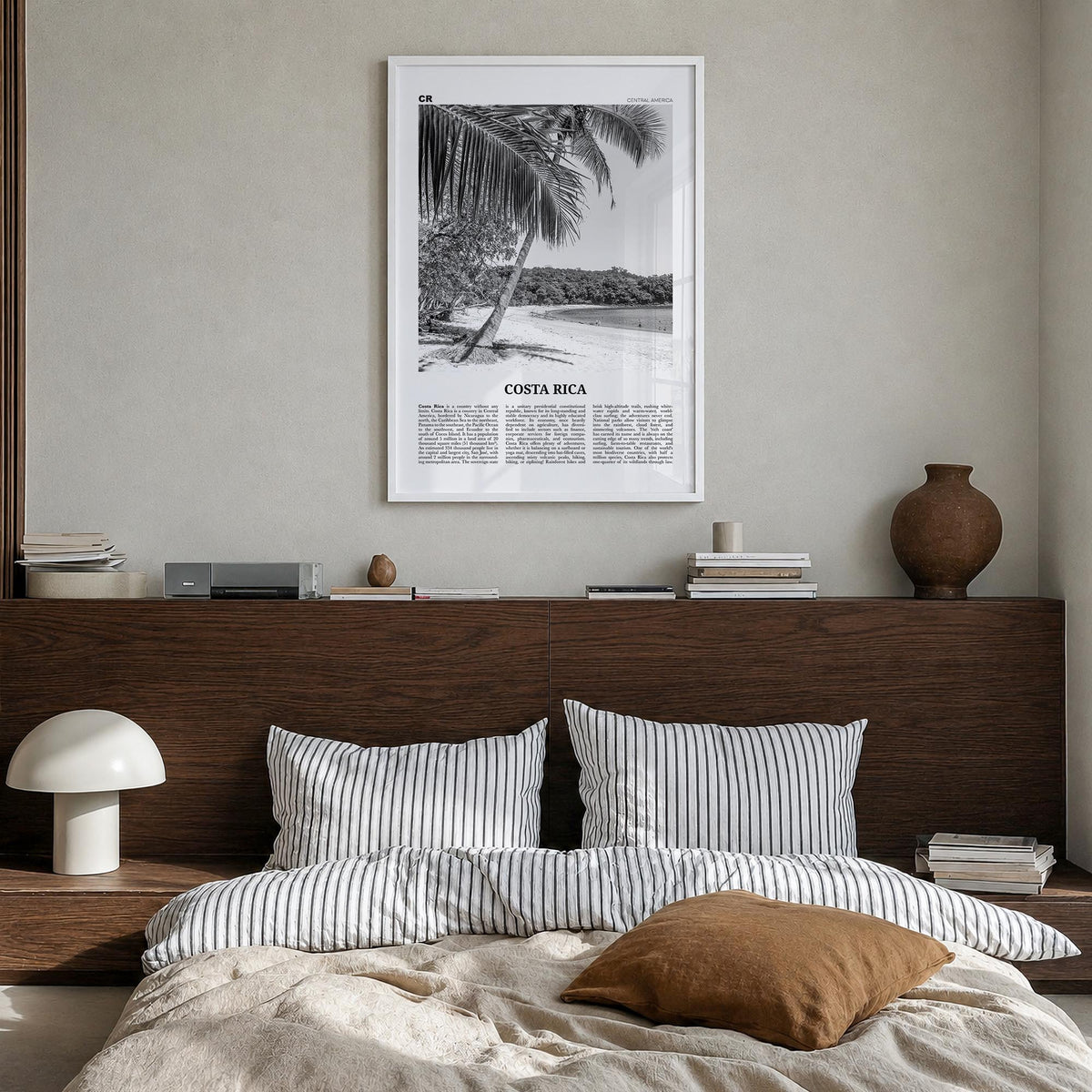 Costa Rica no. 2 black & white newspaper poster of Central America – vertical wall art in white wood frame, hanging on wall