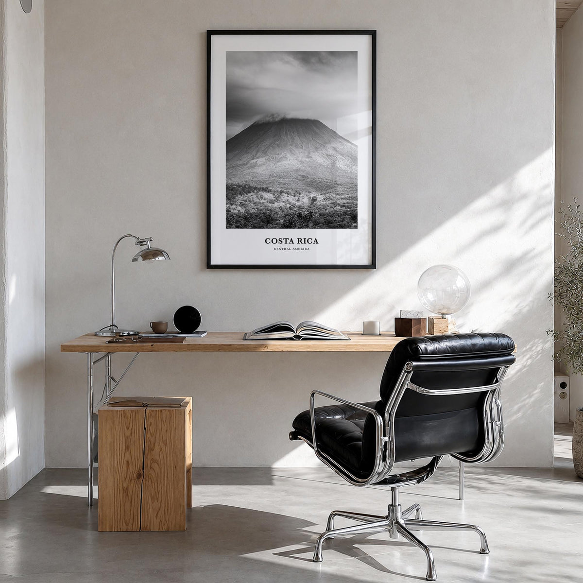 Costa Rica no. 3 black & white classic poster of Central America – vertical wall art in black wood frame, hanging on wall