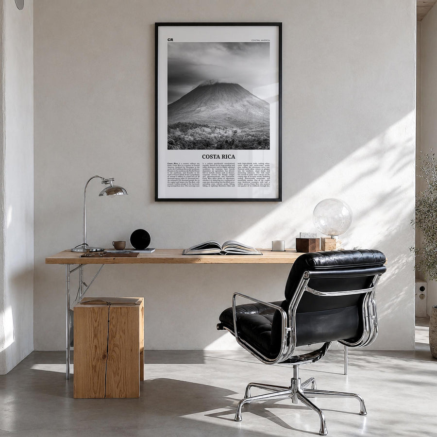 Costa Rica no. 3 black & white newspaper poster of Central America – vertical wall art in black wood frame, hanging on wall