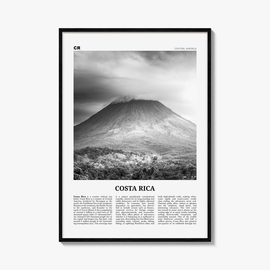 Costa Rica no. 3 black & white newspaper poster of Central America – vertical wall art, unframed print shown in interior mock