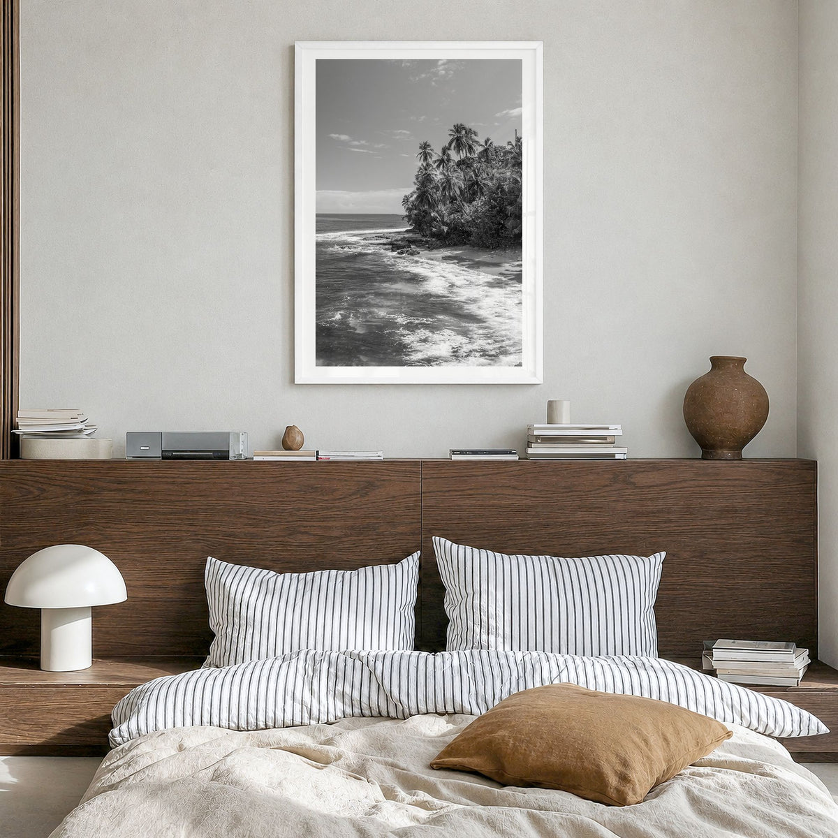 Costa Rica Photo Poster in a white wood frame, hanging in a bedroom, white border