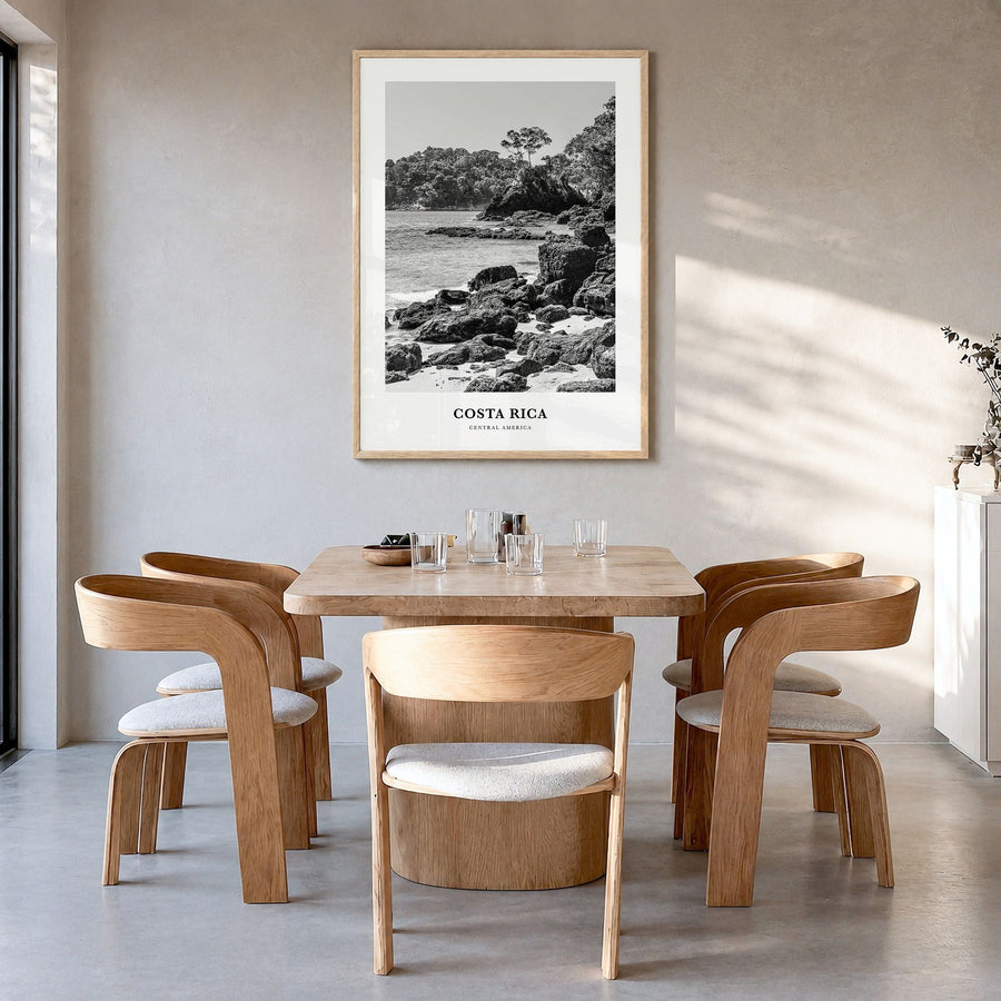 Costa Rica Classic No 2 Poster in a natural wood frame, hanging in a dining room