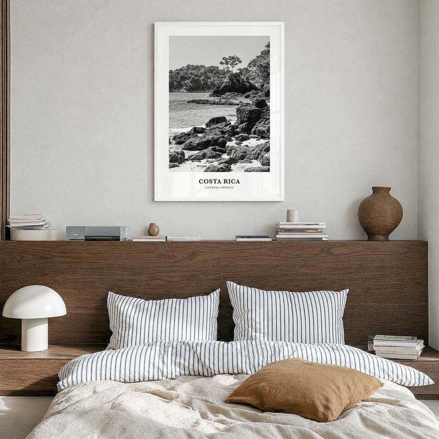 Costa Rica Classic No 2 Poster in a white wood frame, hanging in a bedroom