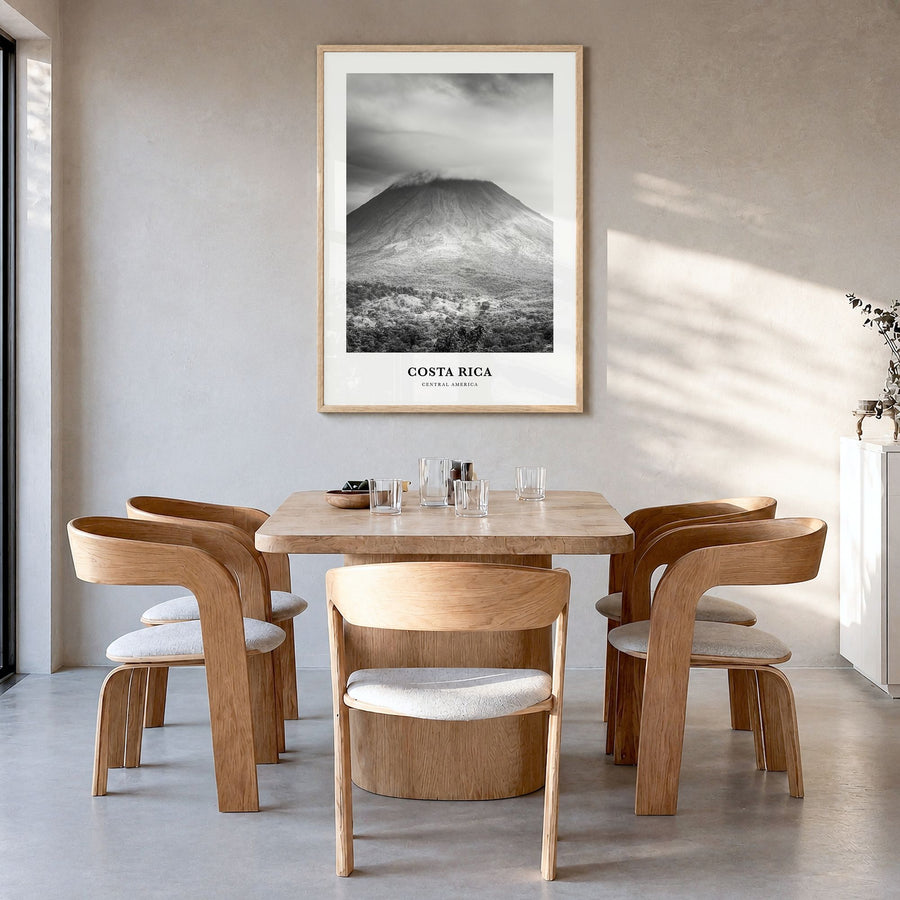 Costa Rica Classic No 3 Poster in a natural wood frame, hanging in a dining room