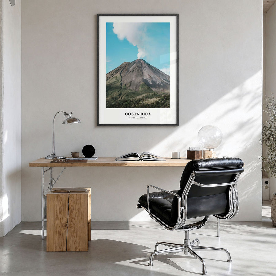 Costa Rica Classic Poster in a black wood frame, hanging in a bright home office
