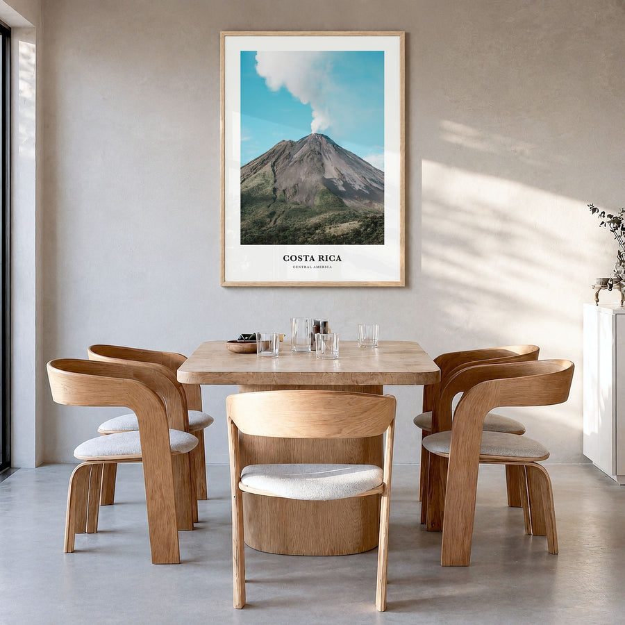Costa Rica Classic Poster in a natural wood frame, hanging in a dining room