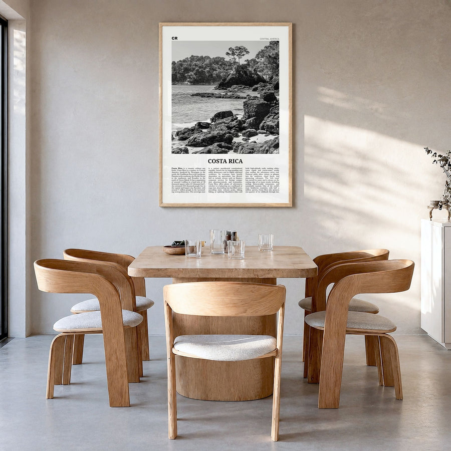 Costa Rica Newspaper No 1 Poster in a natural wood frame, hanging in a dining room