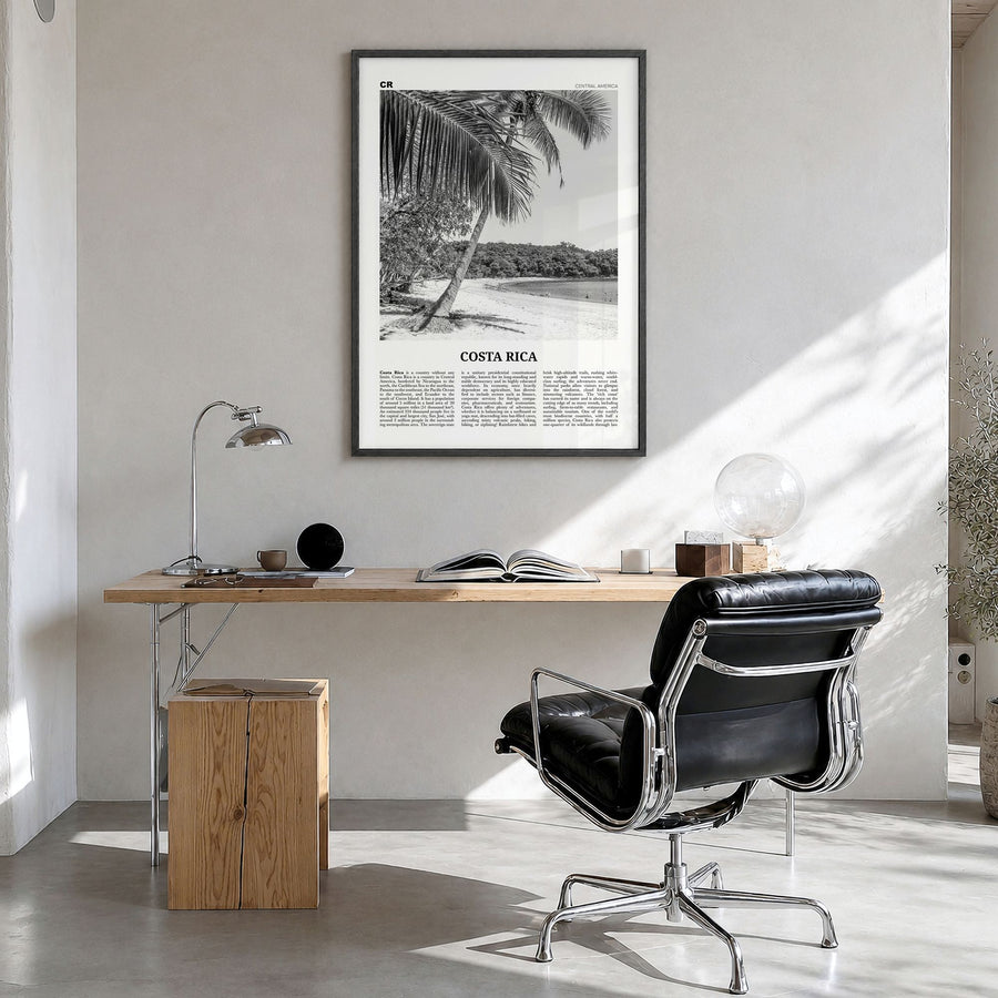 Costa Rica Newspaper No 2 Poster in a black wood frame, hanging in a bright home office
