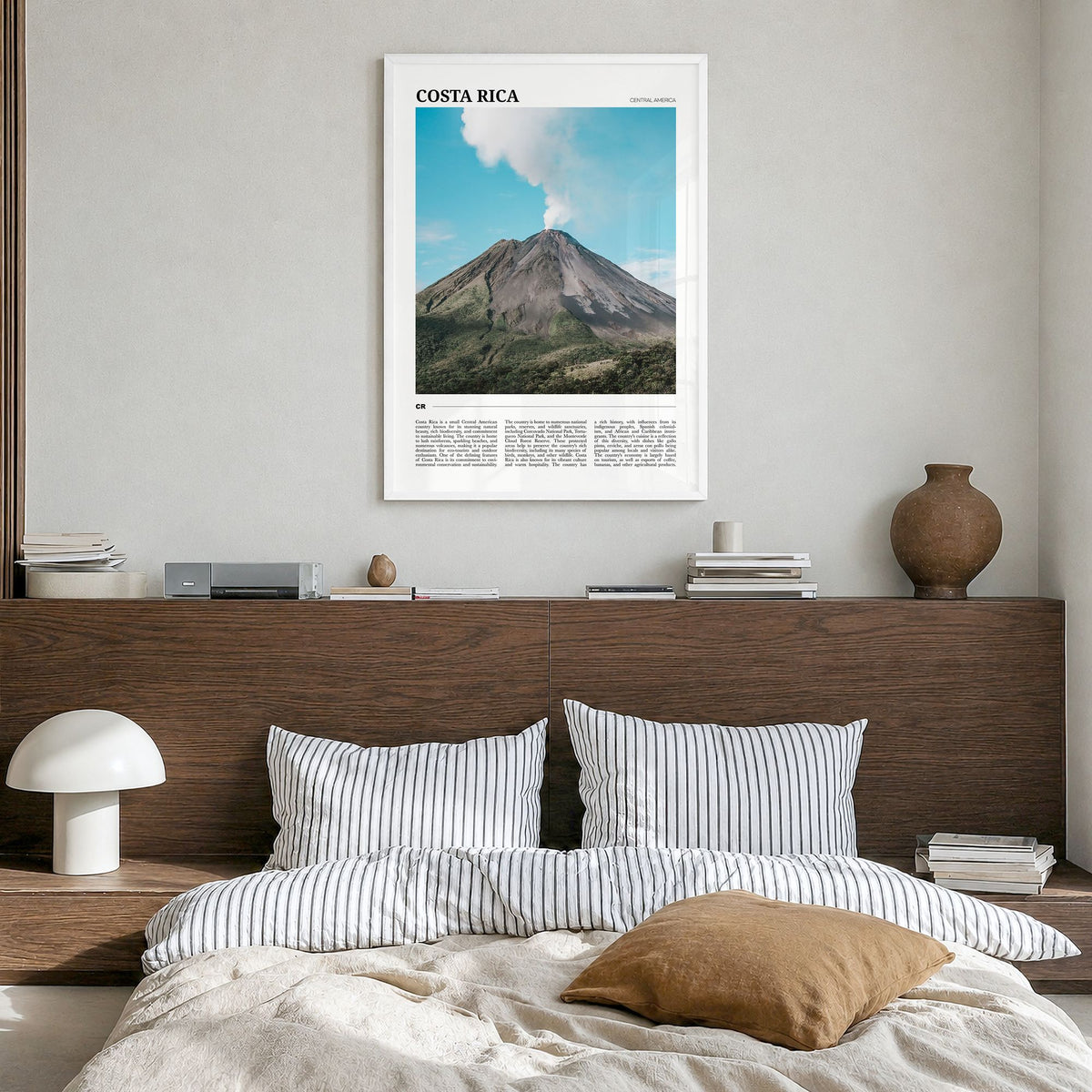 Costa Rica Travel Poster in a white wood frame, hanging in a bedroom