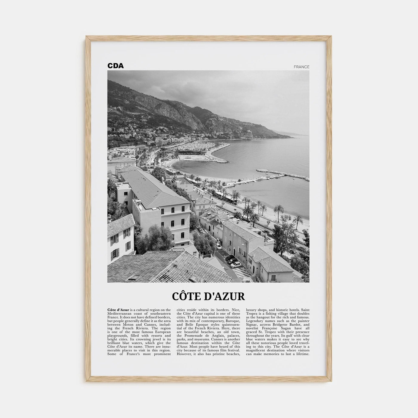 Cote d'Azur Poster Natural Wood / 8x12 in Nbourhood Travel B&W Poster