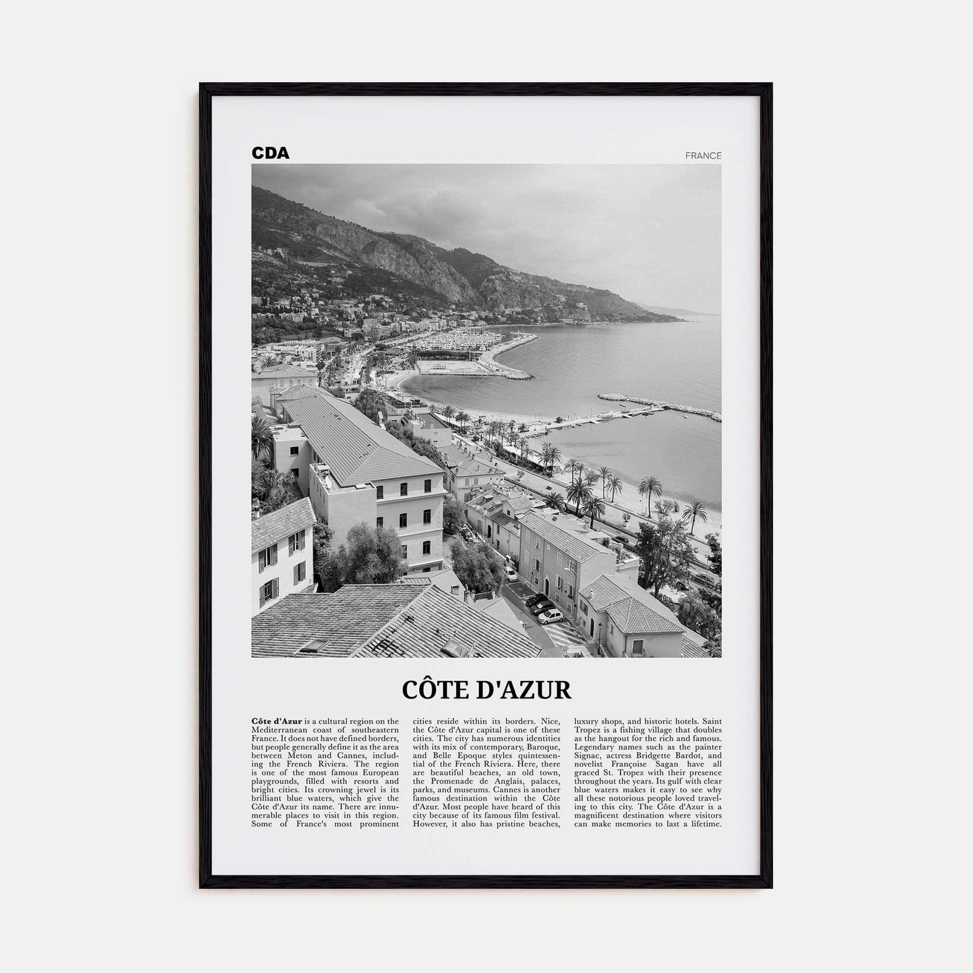 Cote d'Azur Poster Black Wood / 8x12 in Nbourhood Travel B&W Poster