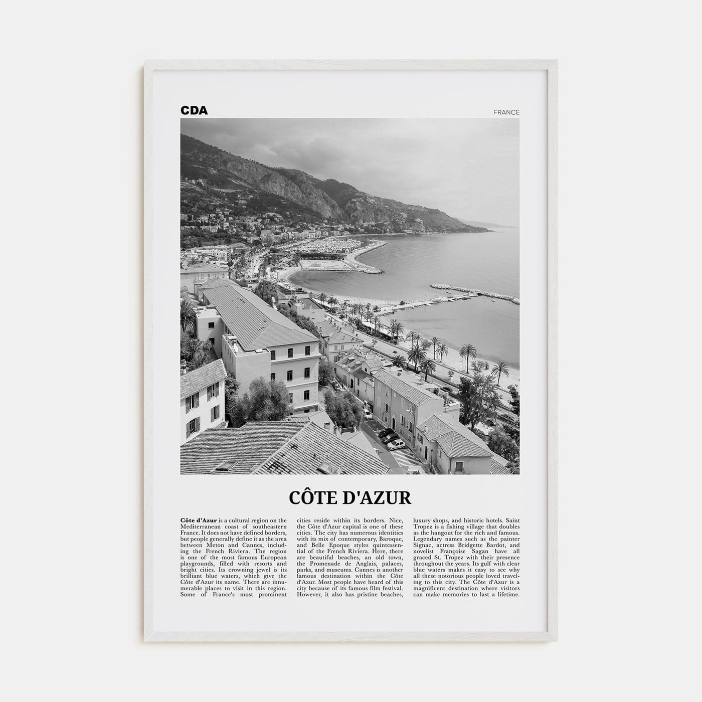 Cote d'Azur Poster White Wood / 8x12 in Nbourhood Travel B&W Poster