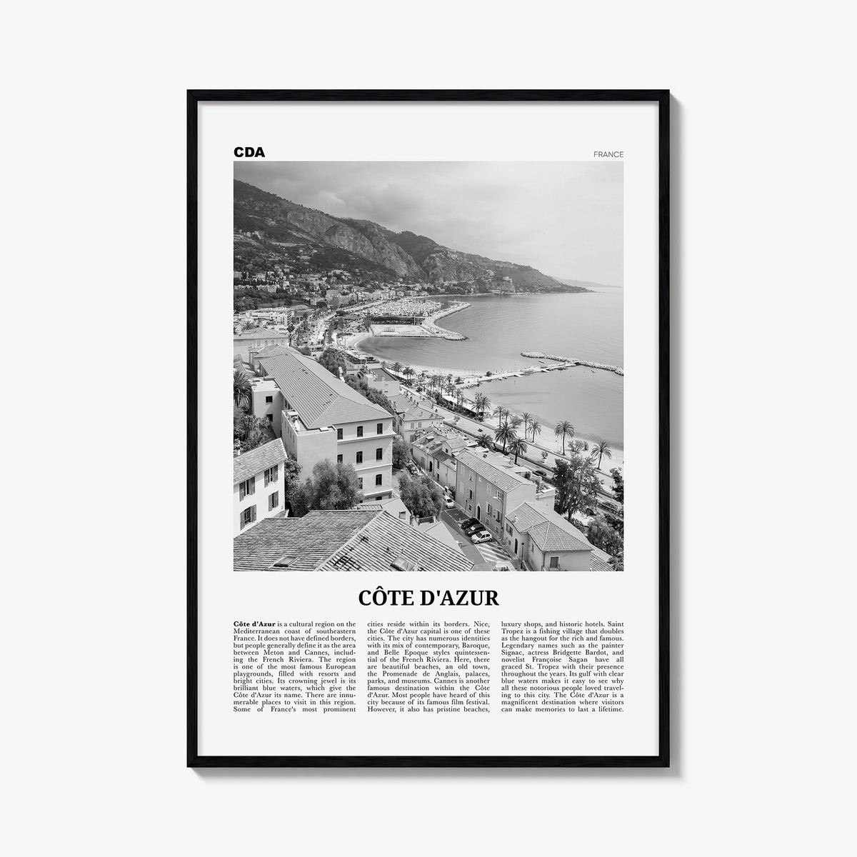 Côte d'Azur black & white newspaper poster of France – vertical wall art, unframed print shown in interior mockup