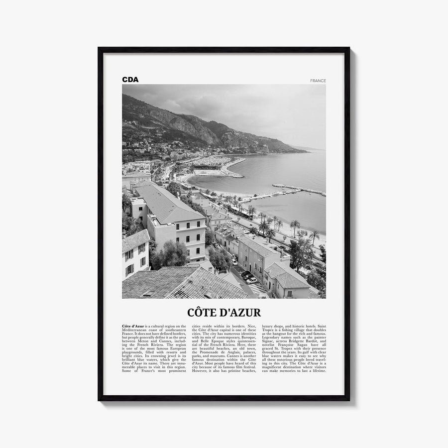 Côte d'Azur black & white newspaper poster of France – vertical wall art, unframed print shown in interior mockup